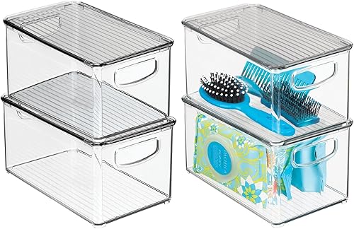 mDesign Caja de almacenamiento de plástico profundo para baño, asas con tapaintegradas, organización para maquillaje, herramientas de peinado del