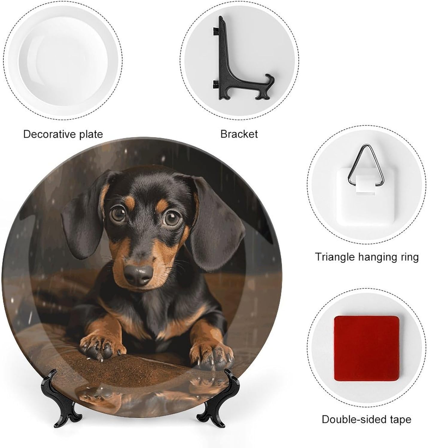 Cute Dachshund Ceramic Plate 10inch Decorative Bone China Wall Hanging Ornament Plates Bohemian Style Dinner Plate with Display Stand Cabinet Display Plates for Home Art Decor