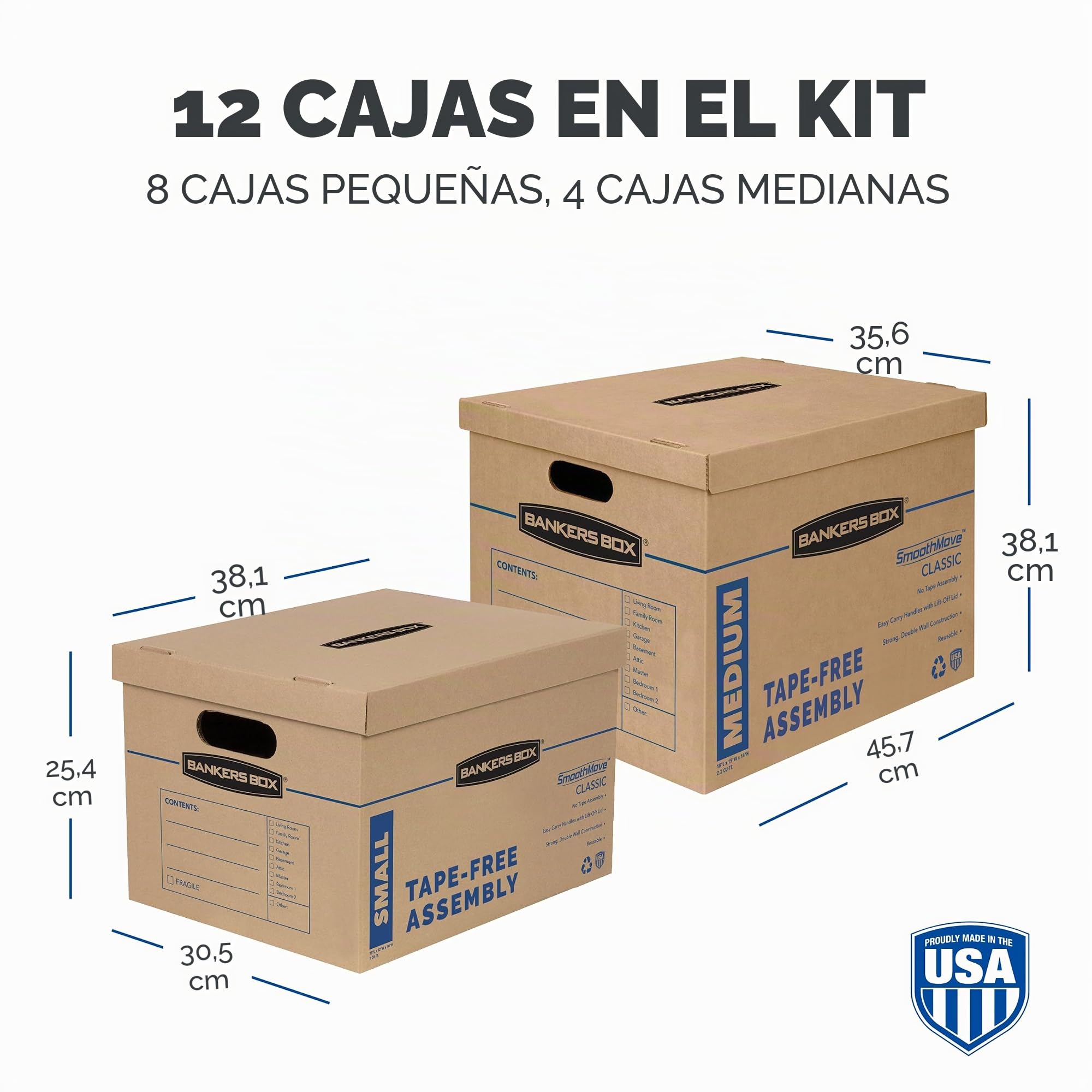 BANKERS BOX SmoothMove Cajas de mudanza clásicas, montaje sin cinta, asas de fácil transporte, marrón, paquete surtido de 12 (7716401)
