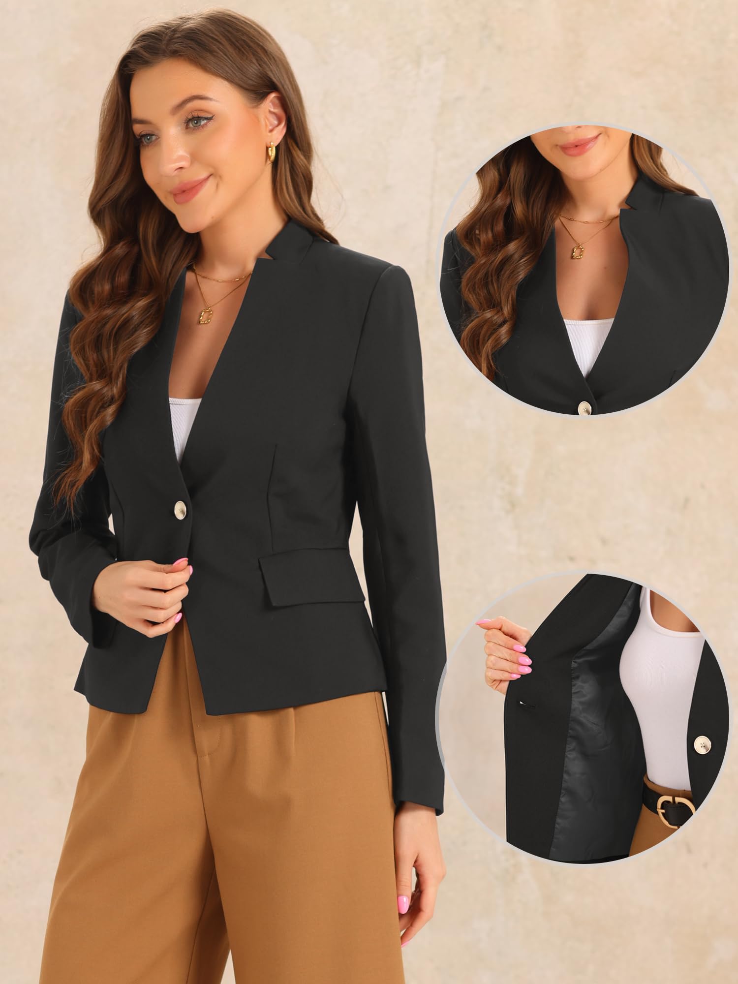 Allegra K Femme Blazer Col Montant Revers Cranté Manches Longues | Épaules Matelassées 2 Poches Rabat Réunion Bureau