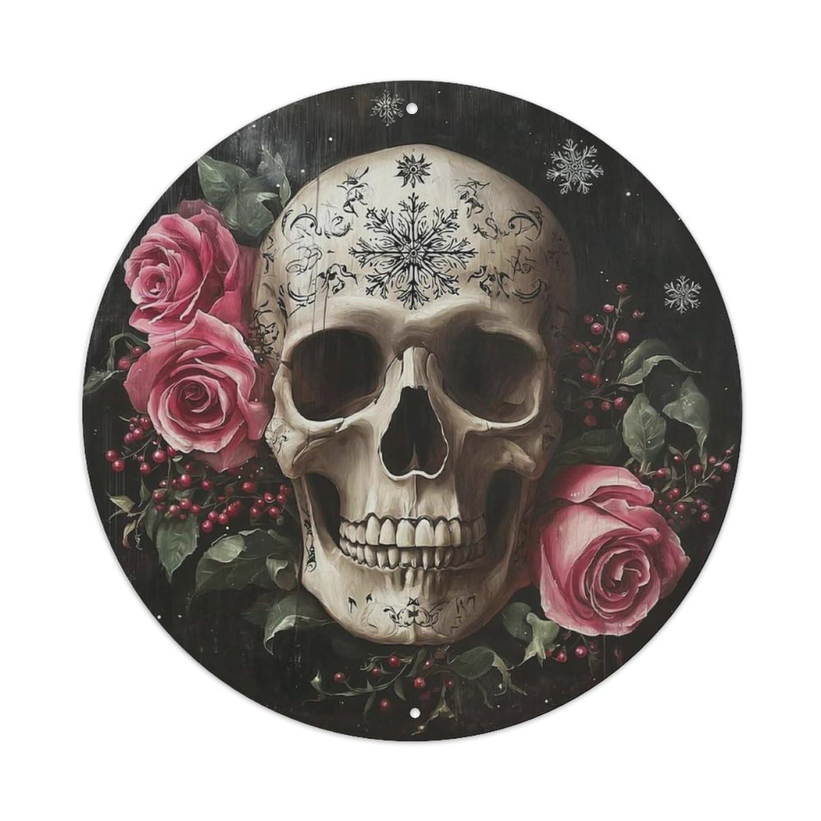 Skull Roses Snowflakes Berries Leaves Metal Tin Sign
