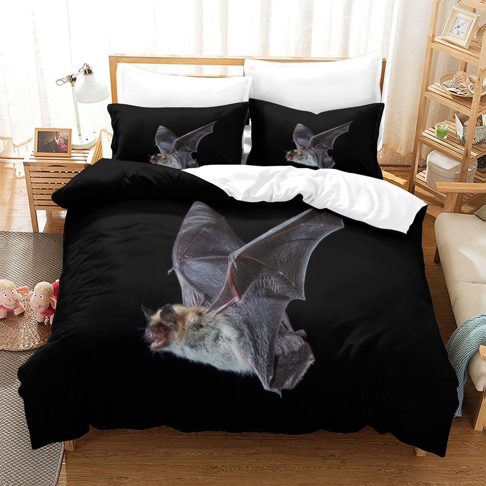 P1S9U7W5Y Stylish Black 3D Bat Printed Duvet Cover Set 3pcs Microfiber Bat Bedding Set SuperKing
