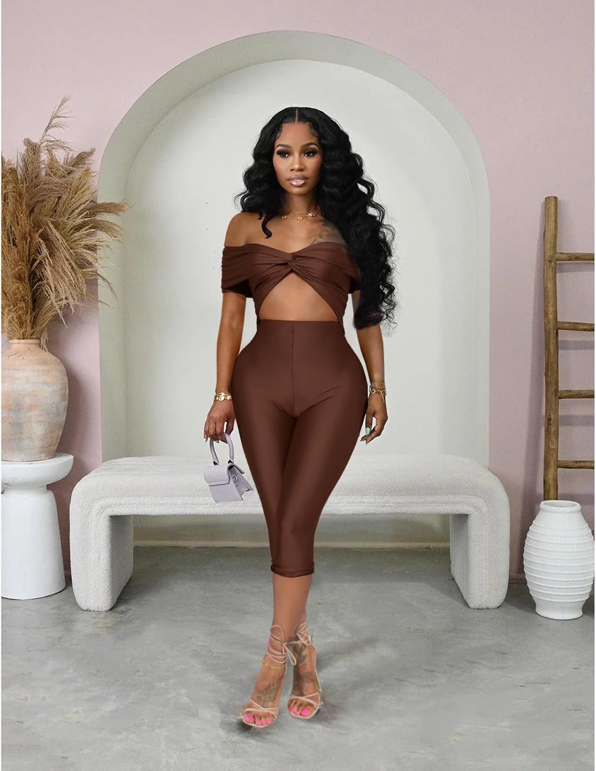 Bodycon Jumpsuit for Women - Short Sleeve Off Shoulder Twist Front Cut Out Capri Pants Sexy One Piece Outfits - Image 4