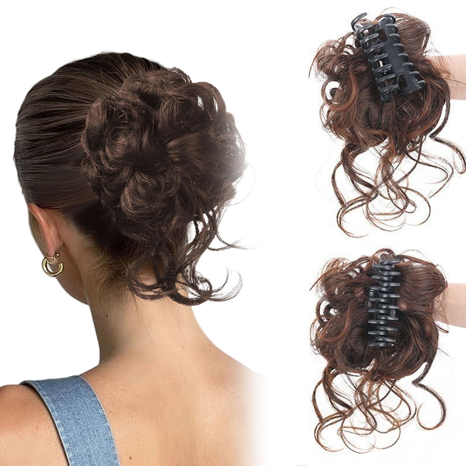 GWAWG Messy Bun Hair Piece,HAIR Claw Clip Short Ponytail,Synthetic Fake Hairpieces,Wavy Curly Claw Clip Hair,Light rown