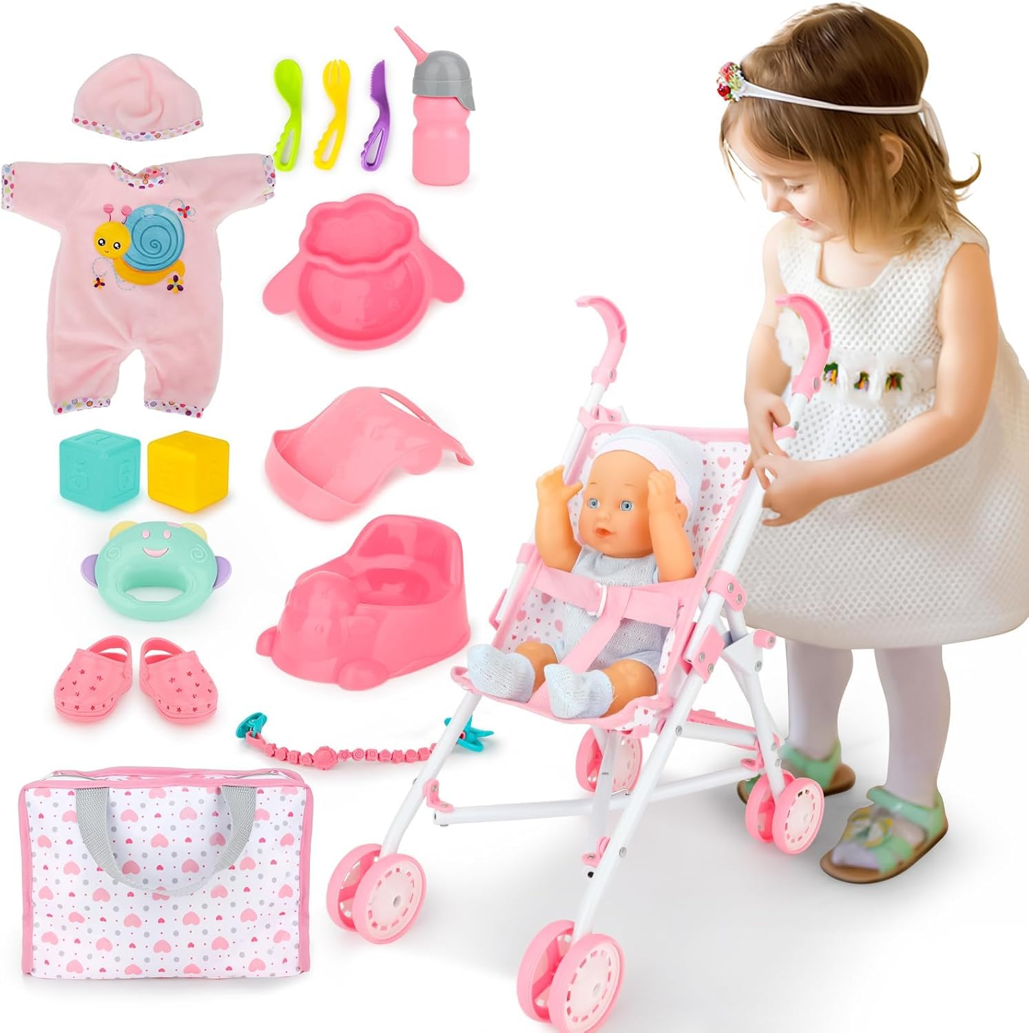 Set De Accesorios Para Muñecas DeAO – 13 Piezas Con Cochecito, Cuna Y Vajilla, Juego De Rol Para Niñas 3+ Años
