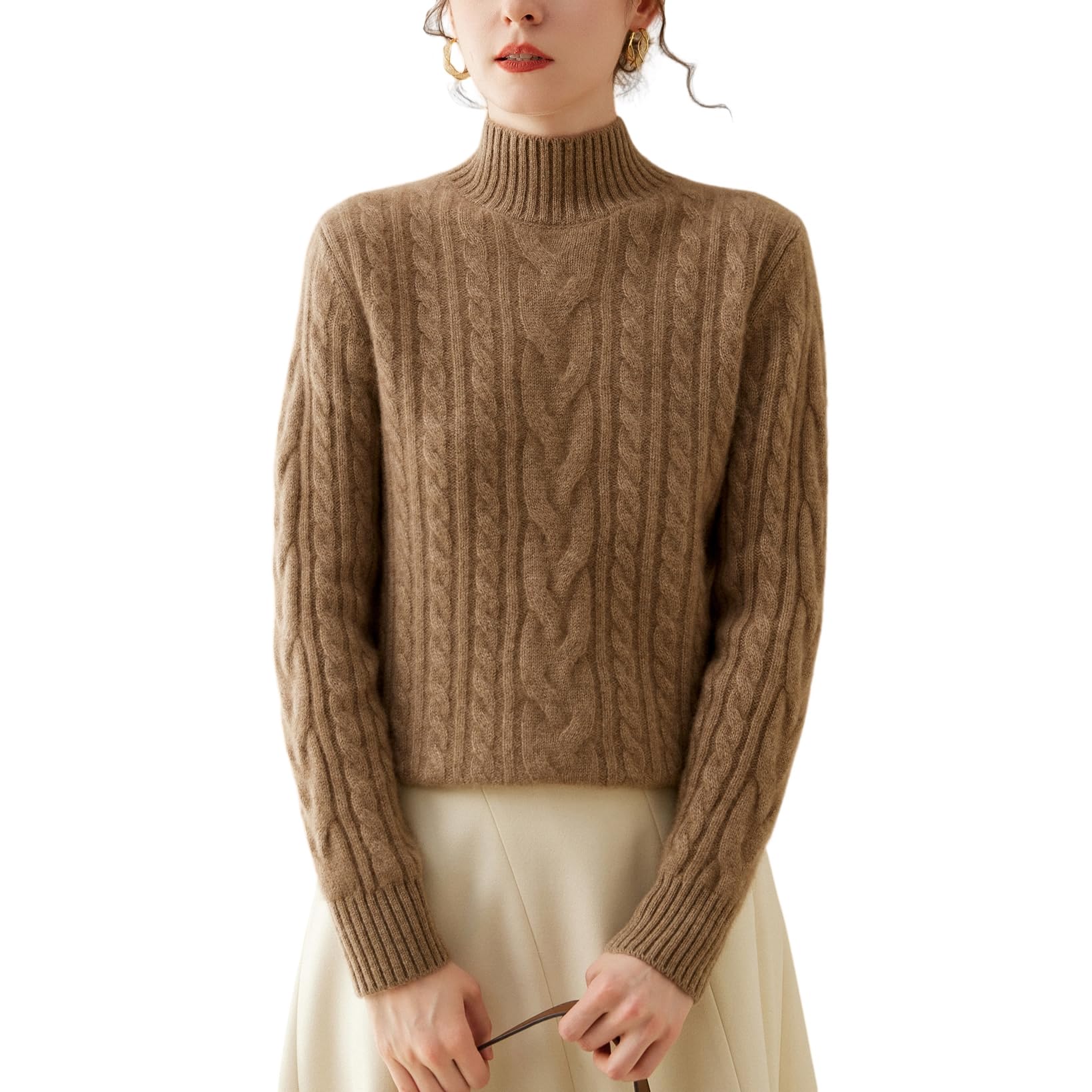 DISSA MA934 - Maglione da donna in cashmere e lana, con colletto alto, a maniche lunghe, con motivo a treccia
