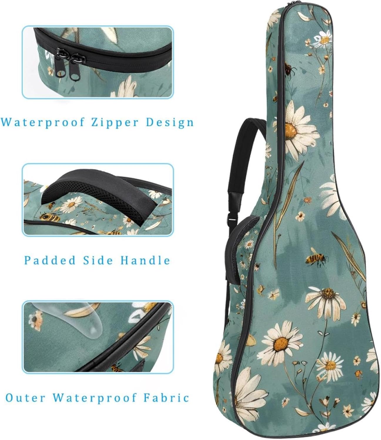 Acoustic Guitar Bag 0.4 Inch Thick Padding Waterproof Guitar Case Gig Bag for 40 41 42 Inch Electric Bass Classical Guitar, Bees and Daisies
