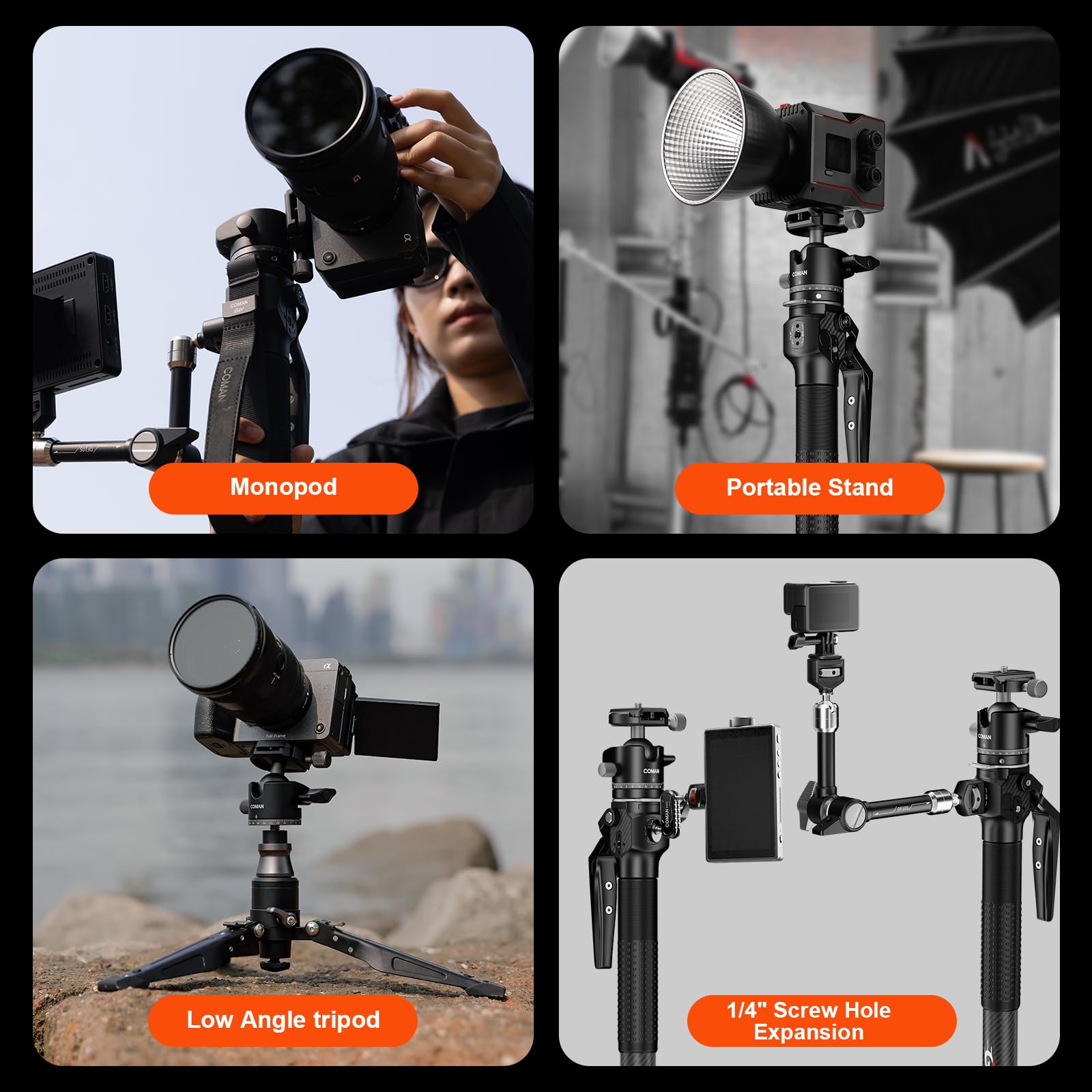 COMAN One-Touch Carbonfaser-Einbeinstativ,Leichtes Reisekamera-Monopod, Es Verfügt über Einen Neigbaren U-förmigen Fuß, Abnehmbare Beine und Einen Kugelkopf mit Einer Maximalen Tragkraft 5kg