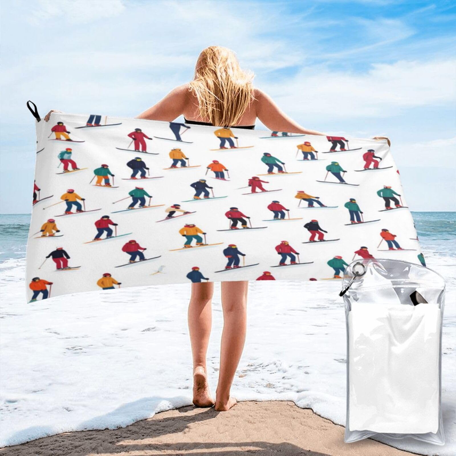 Anceky Pattern of Skiers in Colorful Outfits Quick Dry Microfiber Travel Towel with Carry Case and Carabiner 31.5"X63"
