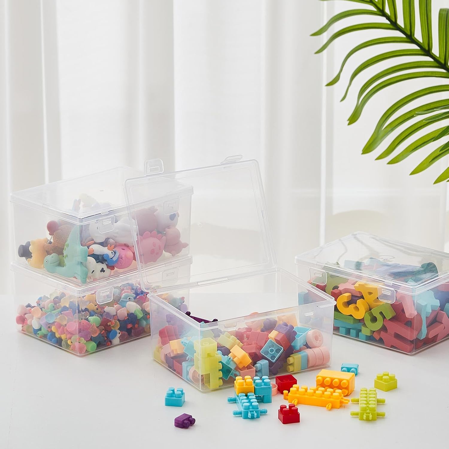 8 Pcs 7.09 x 5.2 x 3.43 Inch Plastic Playroom and Gaming Storage Organizer Box Containers Stackable Clear Storage Bins with Lids for Shelves or Cubbies, Holds Small Building Blocks