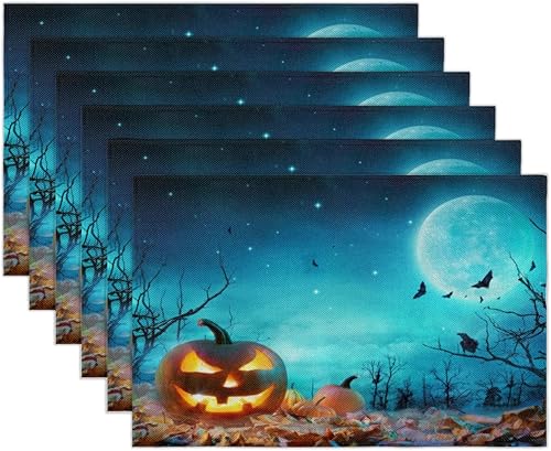 Miniatura 2 de Placemats Set of 6 Serene Night Bat Pumpkin Lights Dead Tree Fabric Placemats Square Placemat for Kitchen Table Heat Resistant, Easy to Clean Table