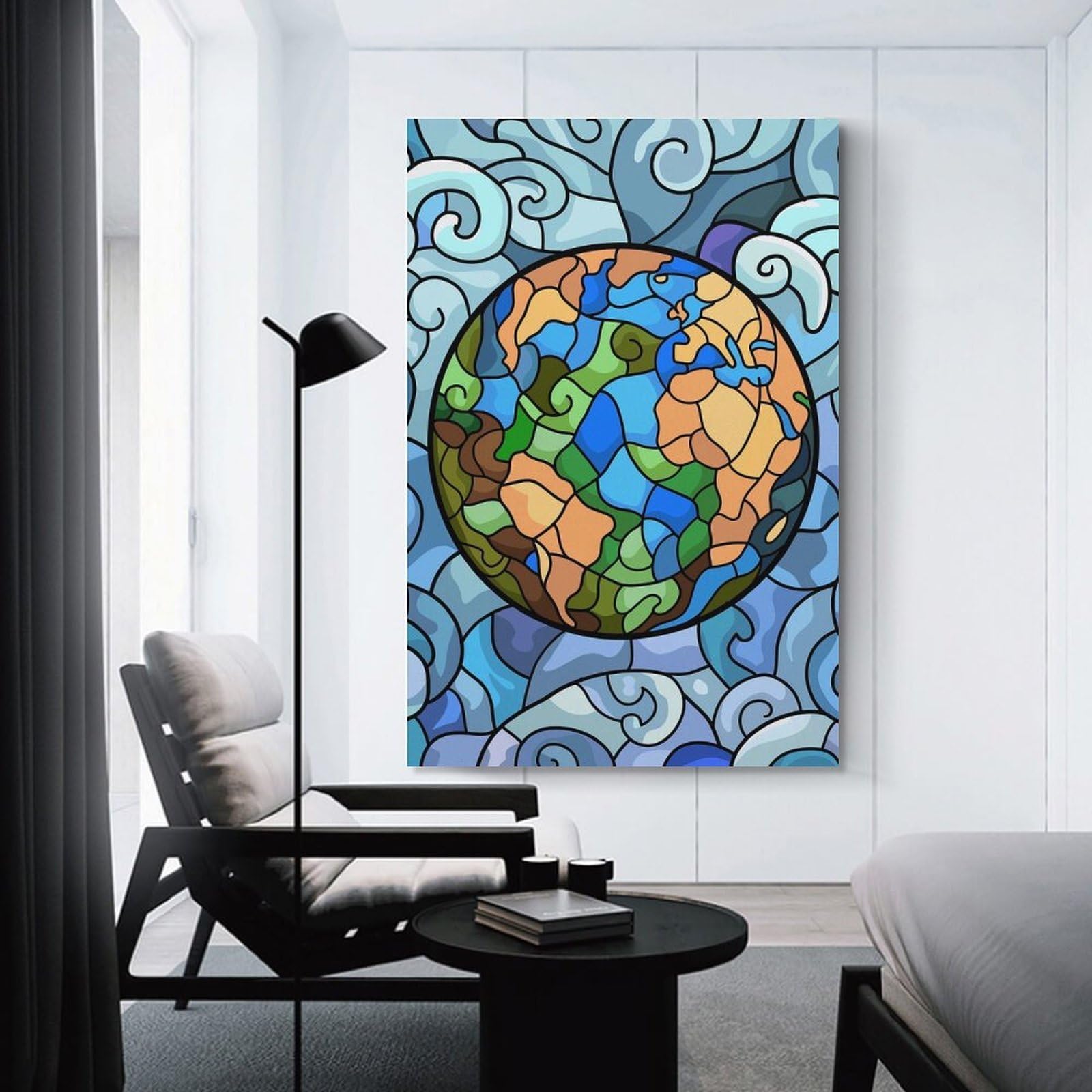 Junmoney Stained Glass Earth with Swirling Waves Canvas Wall Decor 20x30inch(50x75cm), for Feature Walls in Flats Or Modern Rooms, Decorative Artwork with Flexible Styling