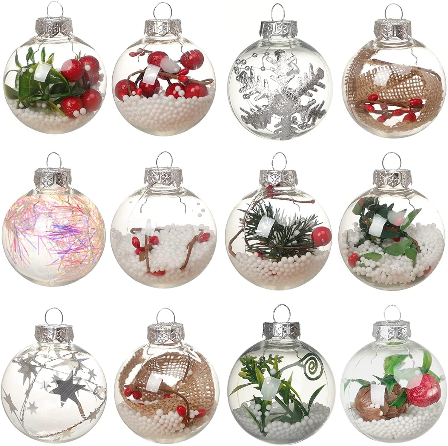 Party Clear Bauble,12Pcs Fillable Clear Plastic Balls with Decorations, Transparent Plastic Balls Ornaments DIY for Xmas Tree/Home Decoration/Birthday/Party/Gift Box (6cm/2.36in)(Round with Decor)