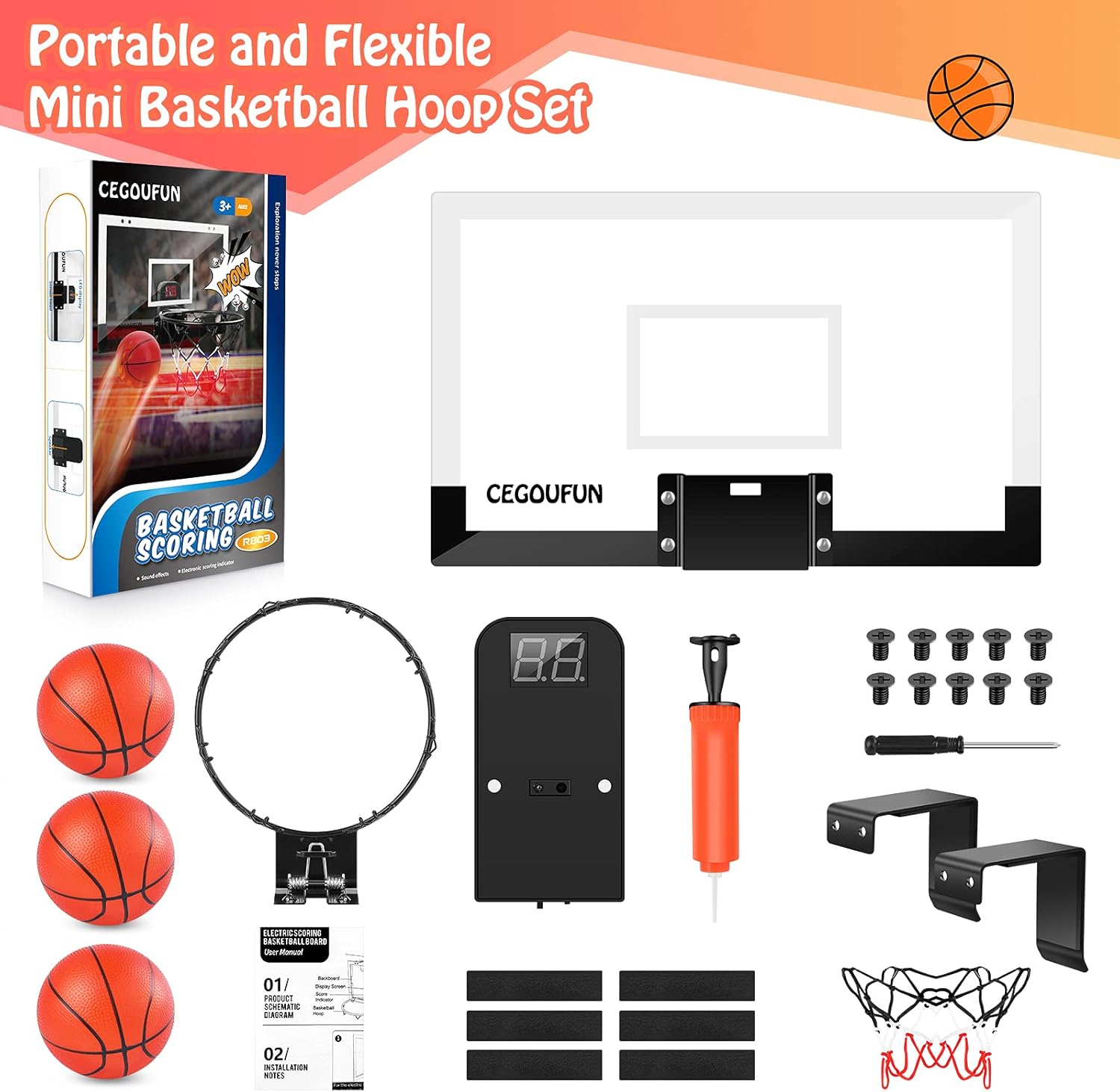 CEGOUFUN Basketball Hoop Indoor with Electronic Scorer, Shatter Resistant Mini Basketball Hoop with 3 Balls, Sturdy Backboard, Indoor Basketball Toy Gifts for Boys Girls Teens Adults : Sports & Outdoors