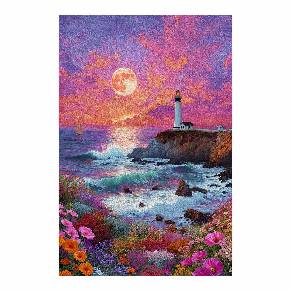 HOQIU Natural scenery wall art Lighthouse Moon Art decorative painting, wall art, for Living Room Bathroom Bedroom Kitchen Decoration.(Multicolor)-60x80cm Unframed