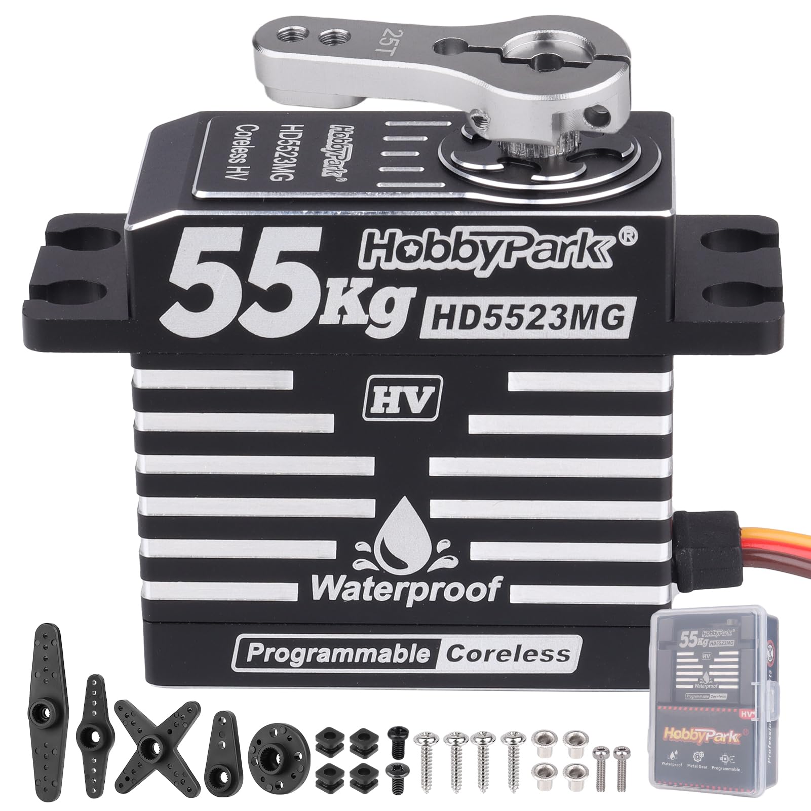 HobbyPark Waterproof 55KG Servo Coreless Motor 8.4V HV Servo High Torque Servo Full Metal Gear RC Servo Programmable for 1/8 1/10 RC Crawler RC Truck RC Car Buggy Robotic 180° w/Servo Horn