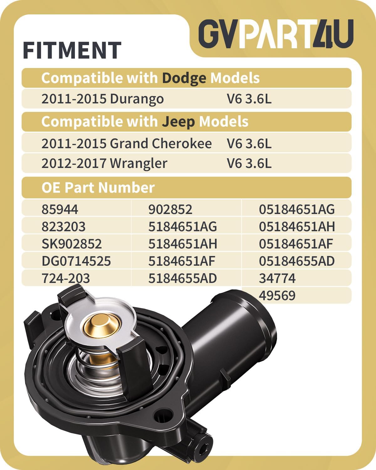 Engine Coolant Thermostat Housing Assembly - Compatible with Dodge Durango 2011-2015, Jeep Grand Cherokee 2012-2015, Wrangler 2012-2017, V6 3.6L, Replace 902-852 5184651AH