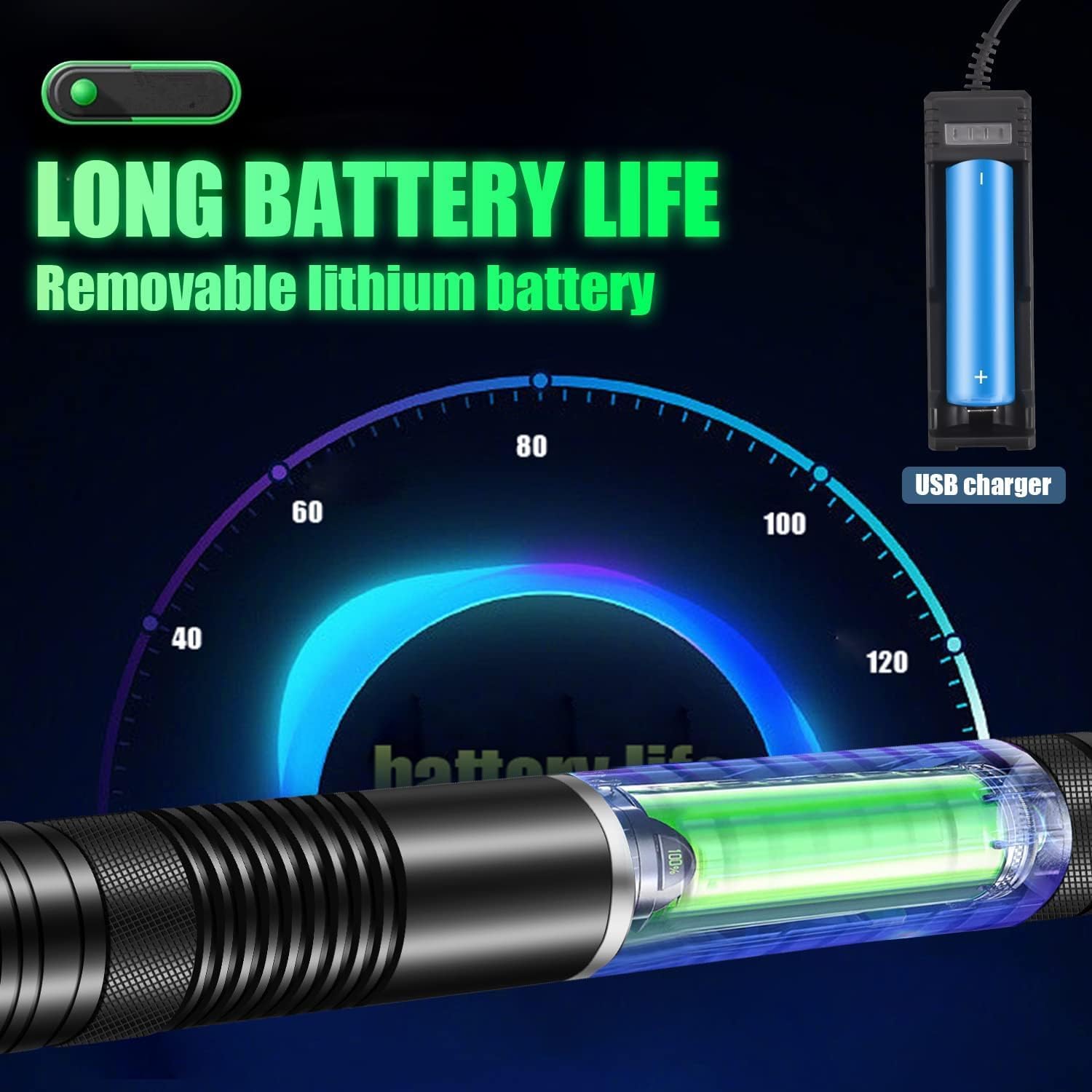 Rechargeable Green Beam Flashlight with Laser Pointer Long Distance Range for TV/LED/LCD Screens Presentation Office/Outdoors/Astronomic/Construction
