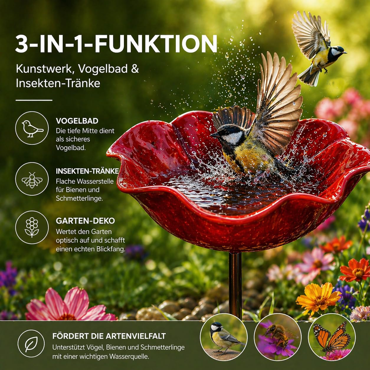 Blumen Gartenstecker Vogeltränke– Handgefertigter Metall Gartenstecker als Bienentränke & Vogelbad, Insekten Tränke für Garten – Geschenk zum Muttertag (Grün,5pcs)
