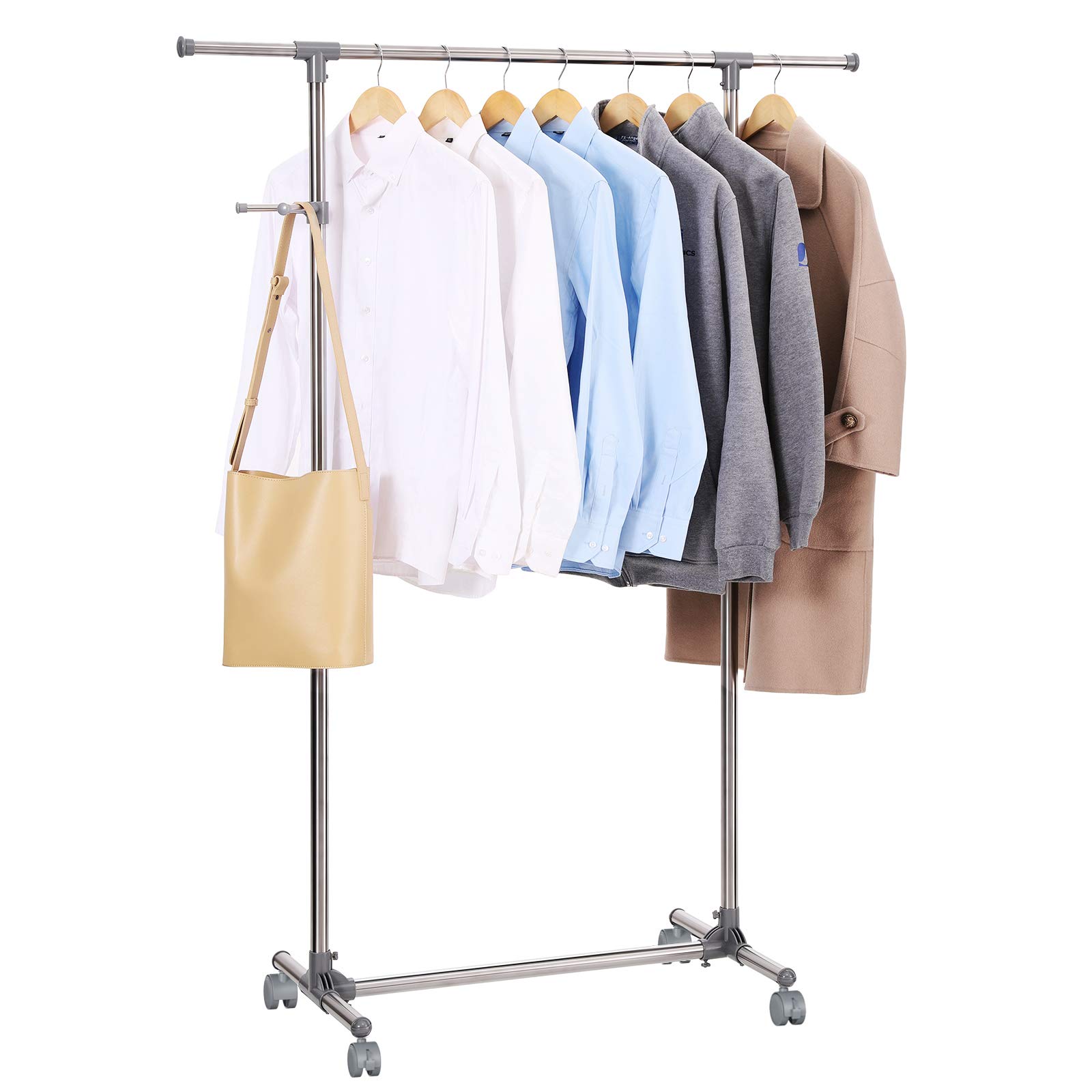 SONGMICS Adjustable Garment Rack, Coat Hanging Rail, Clothes Stand with Wheels, Stainless Steel Clad Pipe, Additional Coat Hook, Grey LLR01G,(87-150) x 44 x (97-165) cm