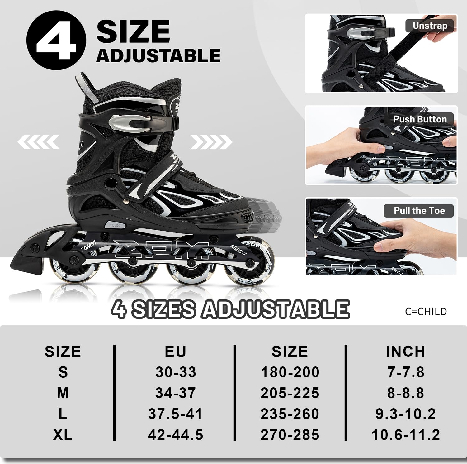 2PM SPORTS Brice Pattini in Linea Regolabili, Ruote Illumina LED, Divertente Inline Skates per Bambina e Bambino e Bambini