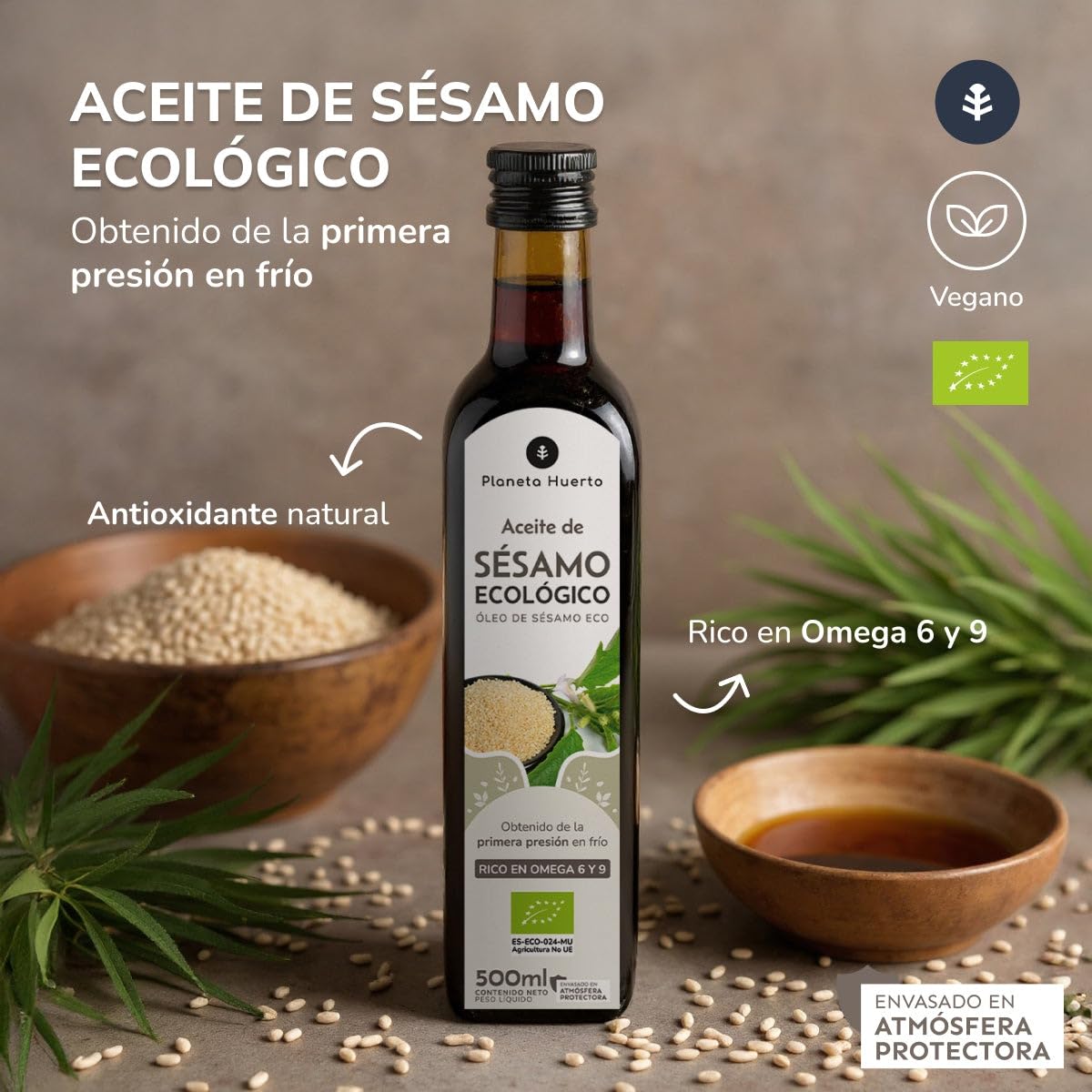 PLANETA HUERTO | Pack 3x Aceite de Sésamo ECO 500 ml – Aceite de Sésamo Virgen Prensado en Frío, 100 % Natural, Rico en Grasas Saludables y Antioxidantes