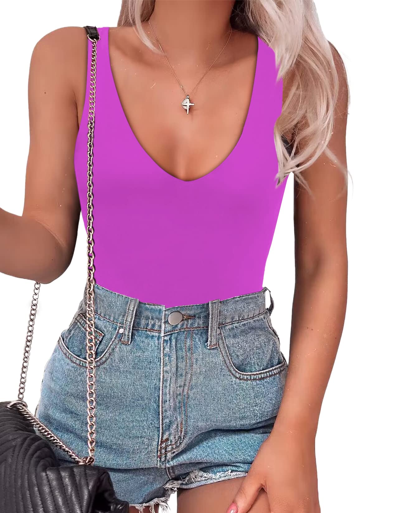 Photo 1 of SAUNGKUAI Women’s Bodysuit Sexy Plunge Deep V Neck Backless Sleeveless Tank Thong Body Suits Outfits for Going Out Hotpink - S
