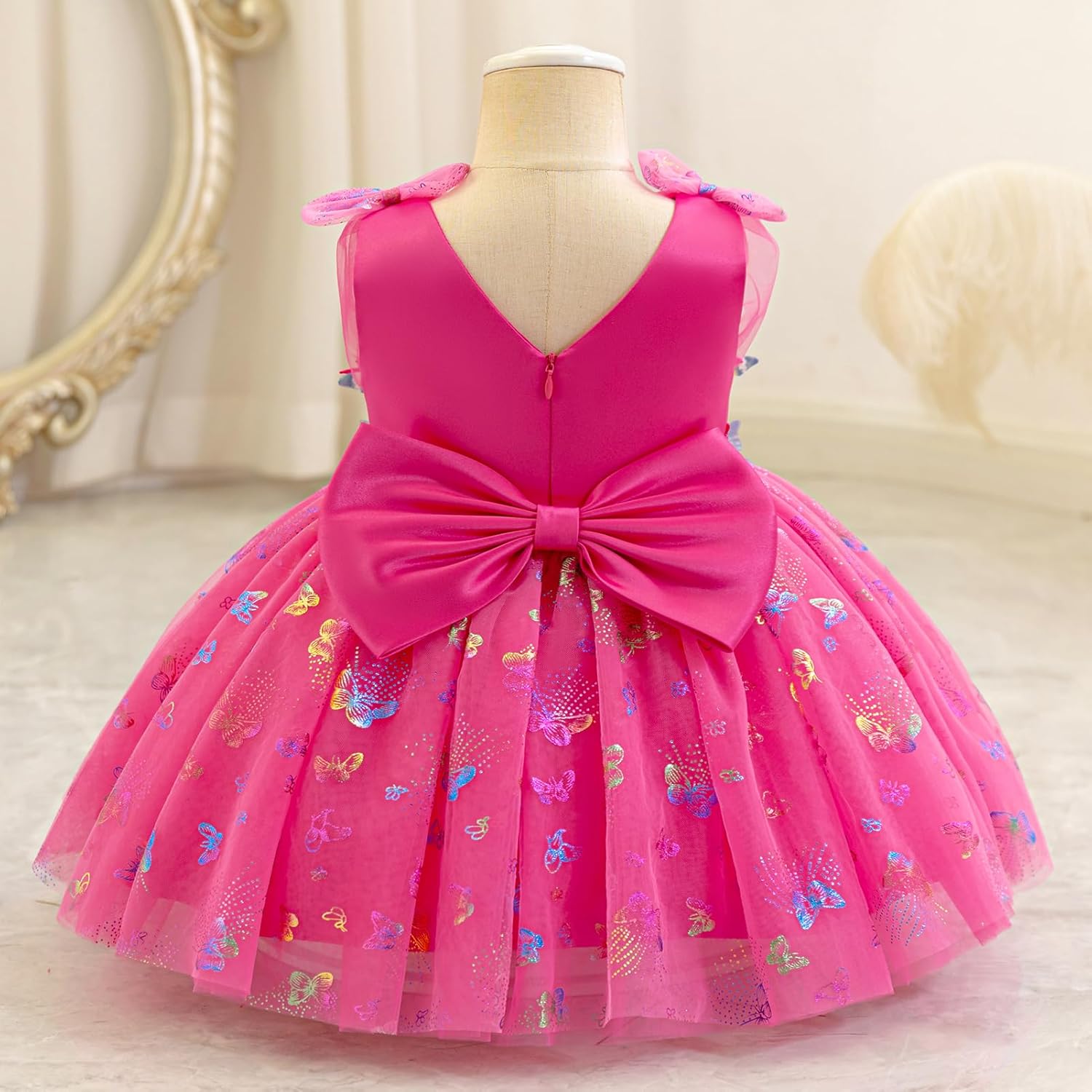 AWIBMK Kids Baby Girls Butterfly Tulle Tutu Dress Sleeveless Pleated V-Neck Bowknot Birthday Wedding Party Dresses - Image 4