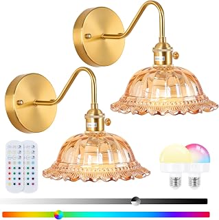 Vintage Battery Operated Wall Sconce with Remote Control, Wireless Wall sconces with Magnetic RGB Bulbs, Rechargeable Wall Light Set of Two for Bedroom Living Room Hallway Wall Decor