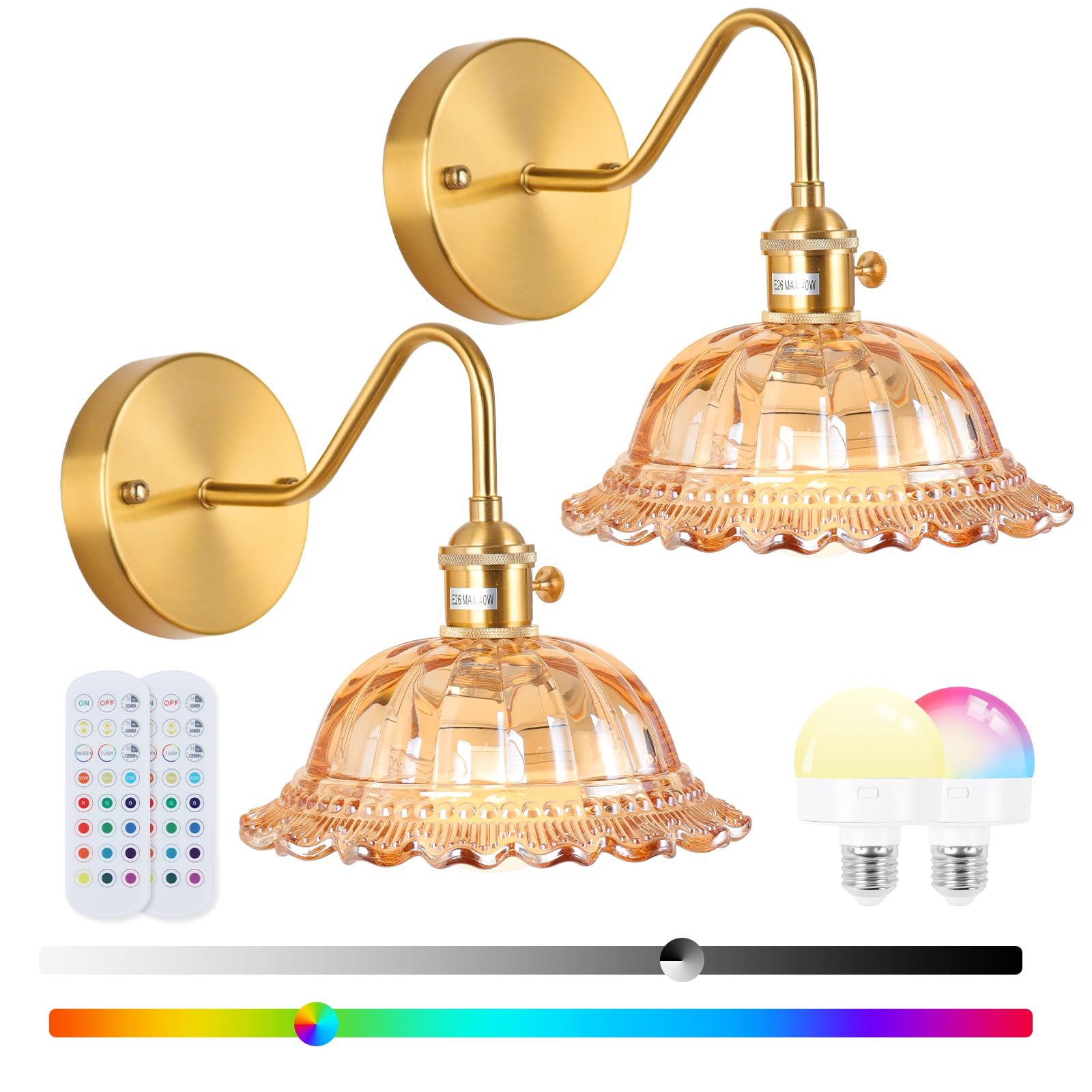 Photo 1 of Vintage Battery Operated Wall Sconce with Remote Control, Wireless Wall sconces with Magnetic RGB Bulbs, Rechargeable Wall Light Set of Two for Bedroom Living Room Hallway Wall Decor