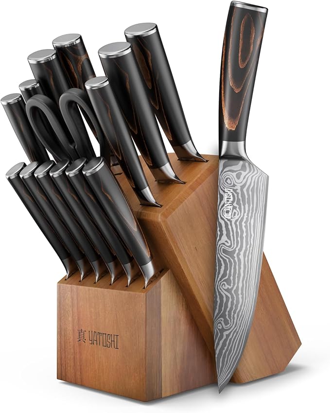 Yatoshi Professional Kitchen Knife Set, 15 Pieces, High Carbon Stainless Steel, Ergonomic Handle