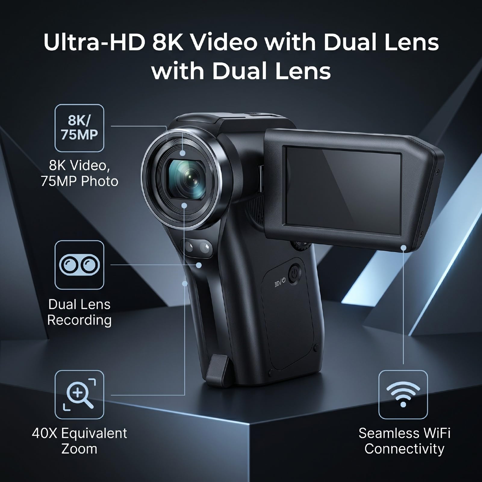Tangxi Videocamera 8K, Videoregistratore HD da 75 MP Videocamere per WiFi con Schermo Ruotabile a Doppia Lente, Zoom Digitale 8X e Ottico 5X, per la Fotografia