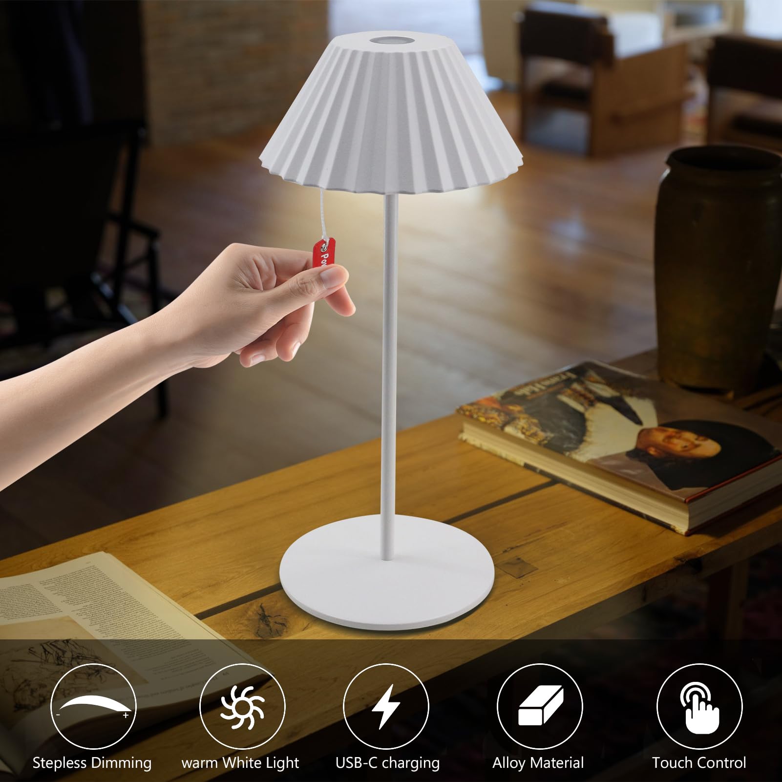 NiceBuy Lampada Da Tavolo Portatile Ricaricabile A LED Senza Fili Dimmerabile Luce Calda&Luce Bianca Lampade Da Tavolo Ricaricabili USB IP44 Impermeabile Per Esterno Ristorante Campeggio (Bianca)
