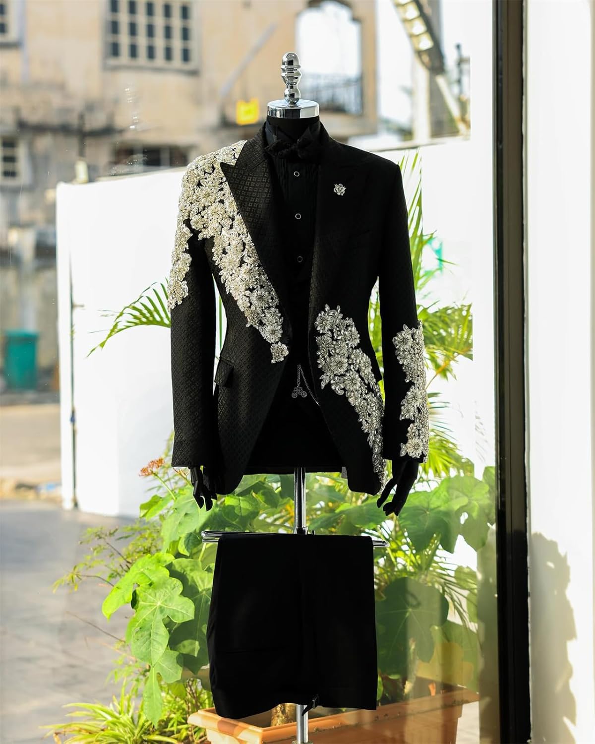 Men's Beads Suit 2 Piece Slim Fit Luxury Sequins Floral Tuxedo Prom Suits for Wedding Party Prom Peaked Lapel