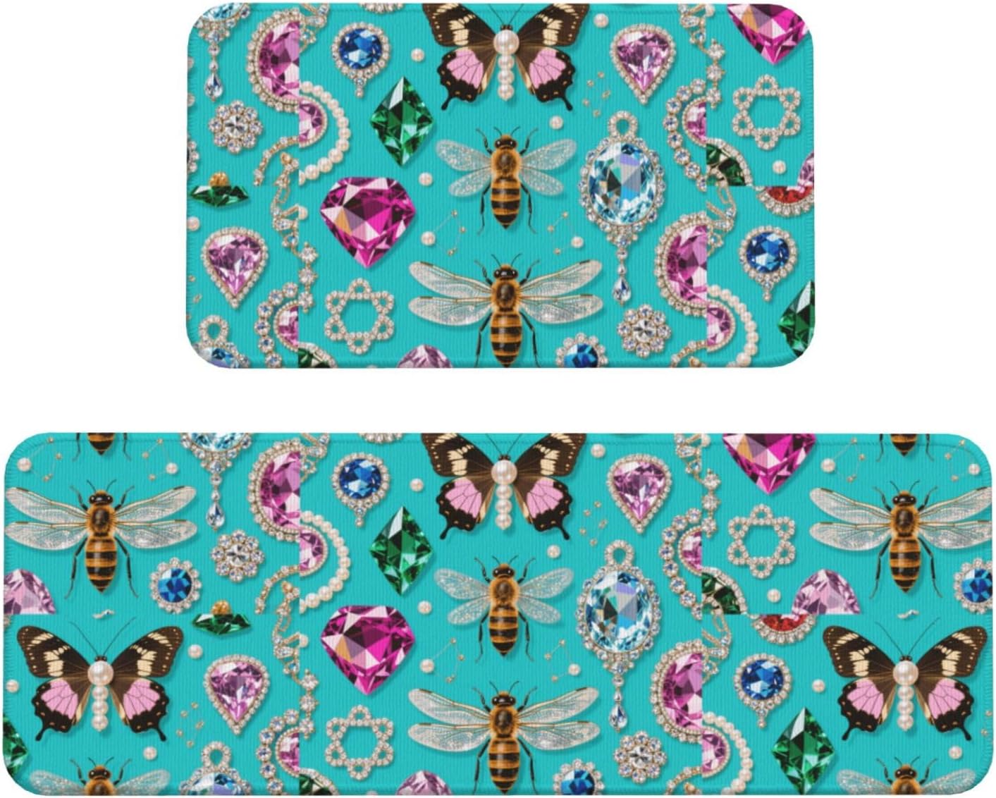 Jewel Insect Pattern Kitchen Rugs Set of 2, Cushioned Anti-Fatigue Kitchen Mats for Floor, Waterproof Comfort Standing Mat Absorbent Velvet Kitchen Runner Rugs 17"x30"+17"x47"