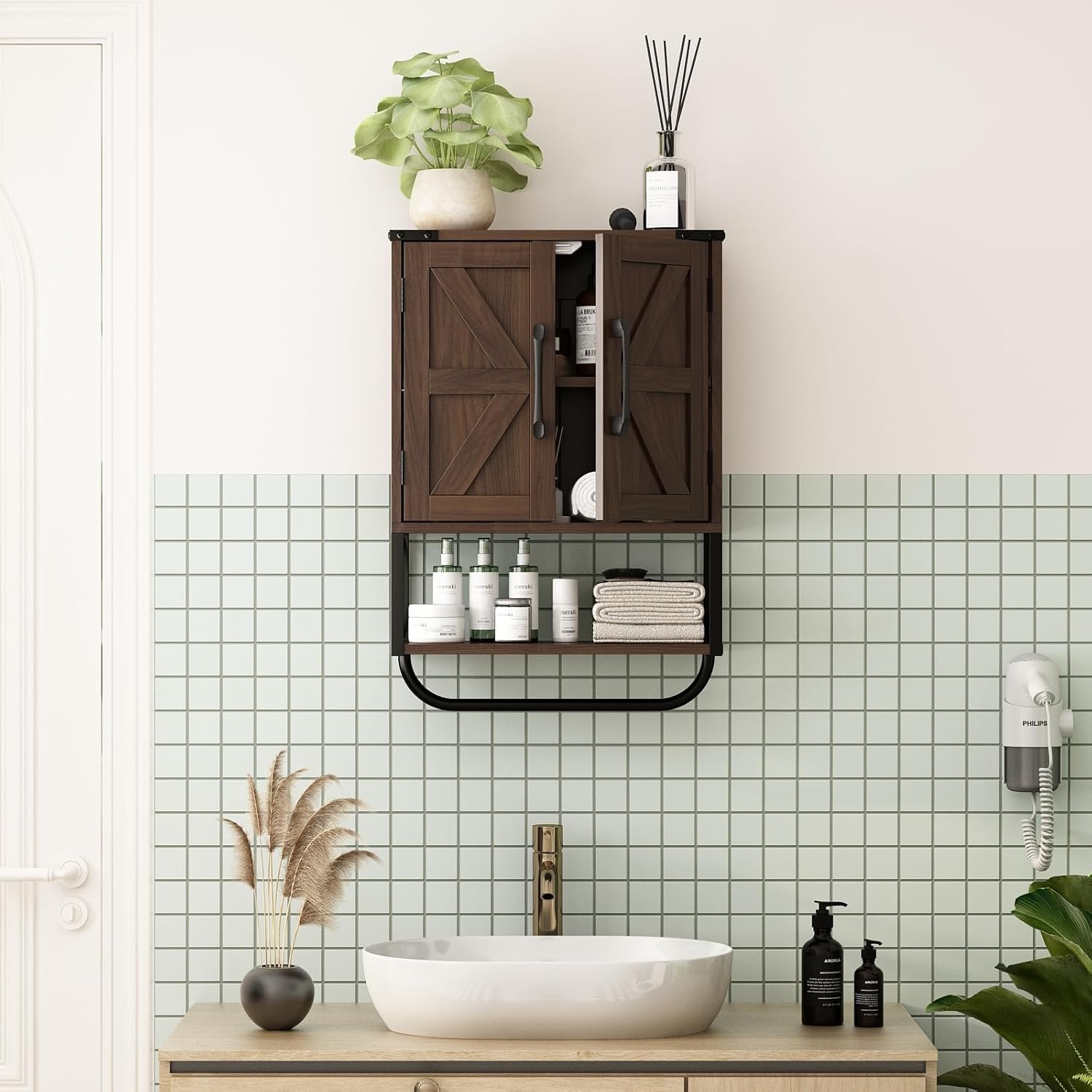 RUSTOWN Farmhouse Rustic Medicine Cabinet with Two Barn Door,Wood Wall Mounted Storage Cabinet with Adjustable Shelf and Towel Bar, 3-Tier Cabinet for Bathroom(Dark Walnut)