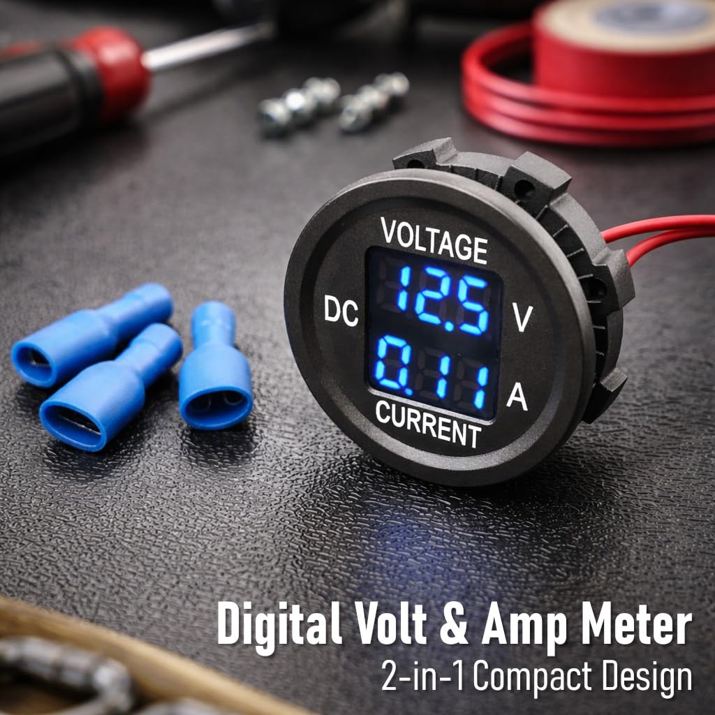 MGI SpeedWare 2-in-1 Digital Voltmeter Ammeter 12V DC LED Display – Voltage & Current Gauge for Car, Truck, Boat, RV, Marine (Blue)
