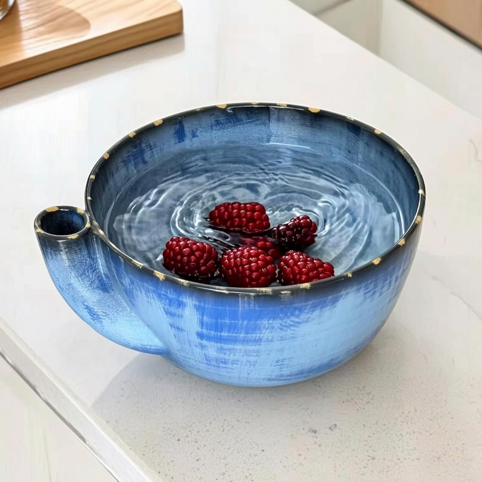 Quoravel Self Spinning Berry Washer, Vortex Salad Spinner Bowl for Strawberries Blueberries, Quick Drain Fruit & Vegetable Washing Colander Blue