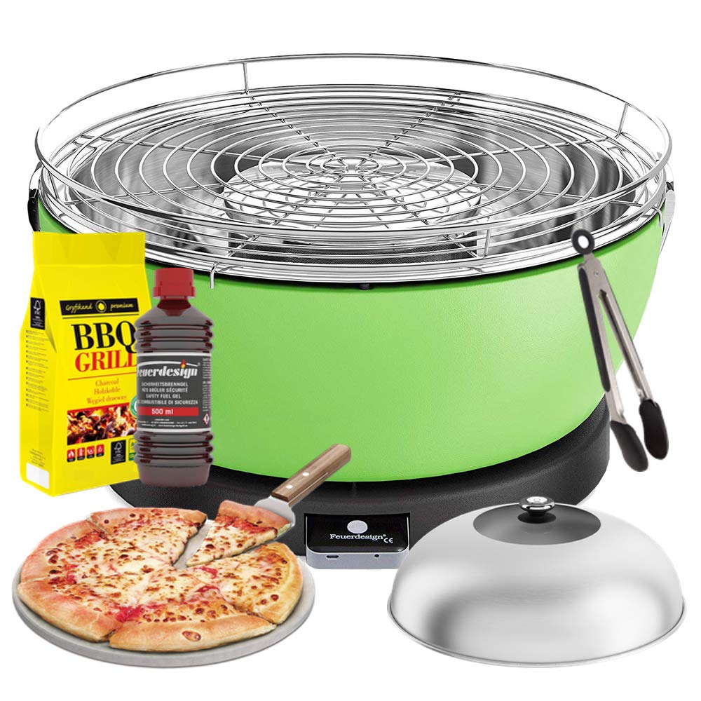 YesEatIs by FEUERDESIGN - VESUVIO Grill GREEN - Kit with IGNITION GEL + CHARCOAL 3 Kg + Barbecue Tongs + Pizza Stone + Stainless Steel-Glass Hood