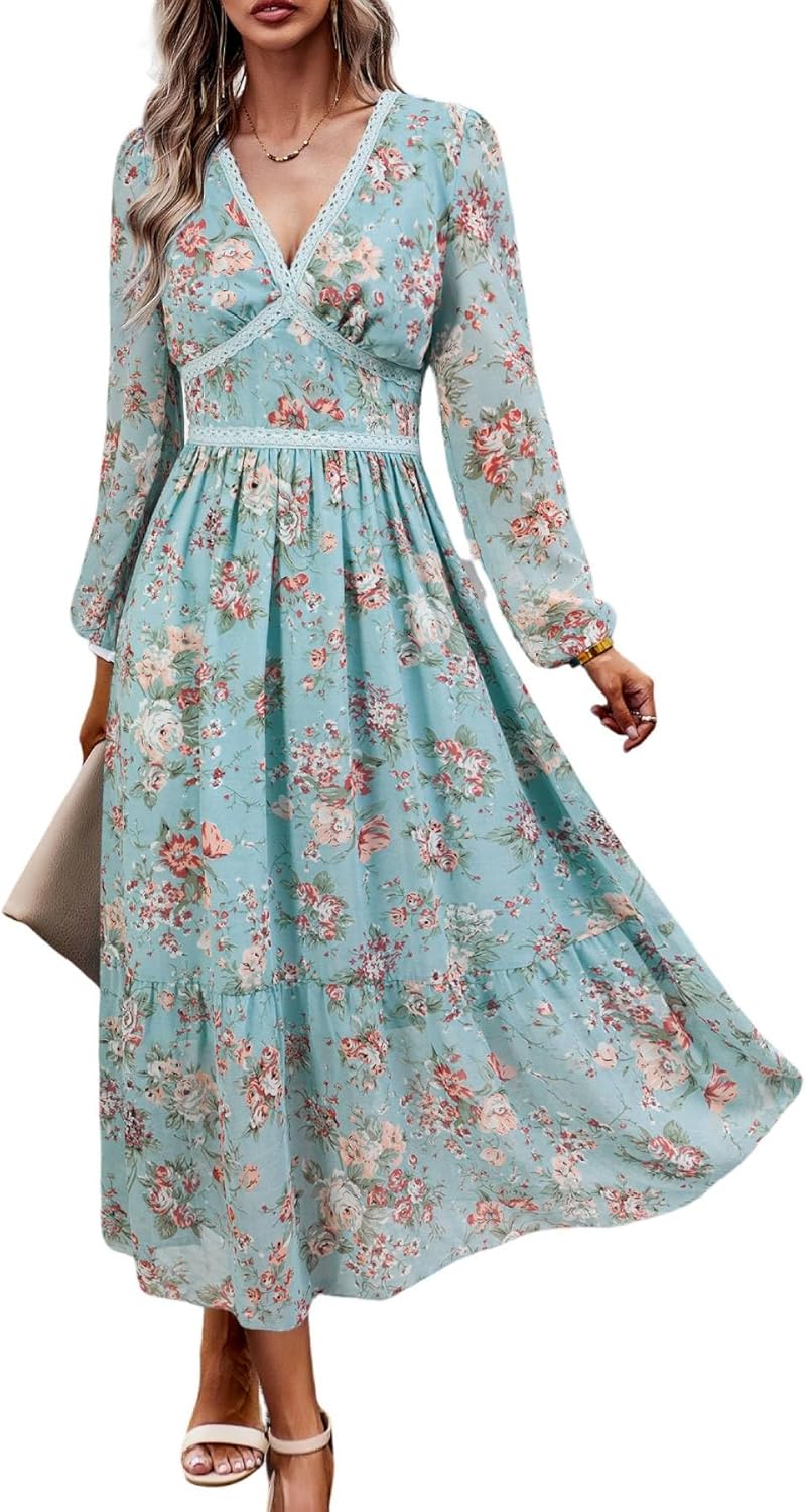 Women's Spring Wrap Maxi Dress Floral V Neck Long Sleeve Wedding Guest Party Casual Chiffon Dress