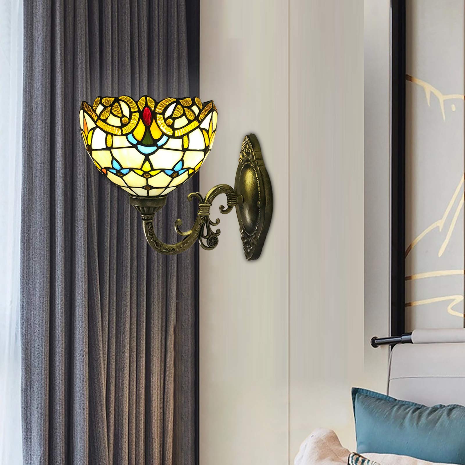 Lámpara de pared retro, estilo rústico Tiffany, lámpara de pared para dormitorio, lámpara de mesita de noche con interruptor de tirador, pantalla de cristal, para salón, estudio, loft comedor, E27