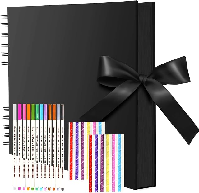 Large Scrapbook, funvce 12"x 8" Scrap Book with 80 Pages Black Craft Paper, DIY Photo Album with Pens, Photo Corners for Adults Wedding, Birthday,Baby Shower Gifts Memory Book, Square Kids Guestbook