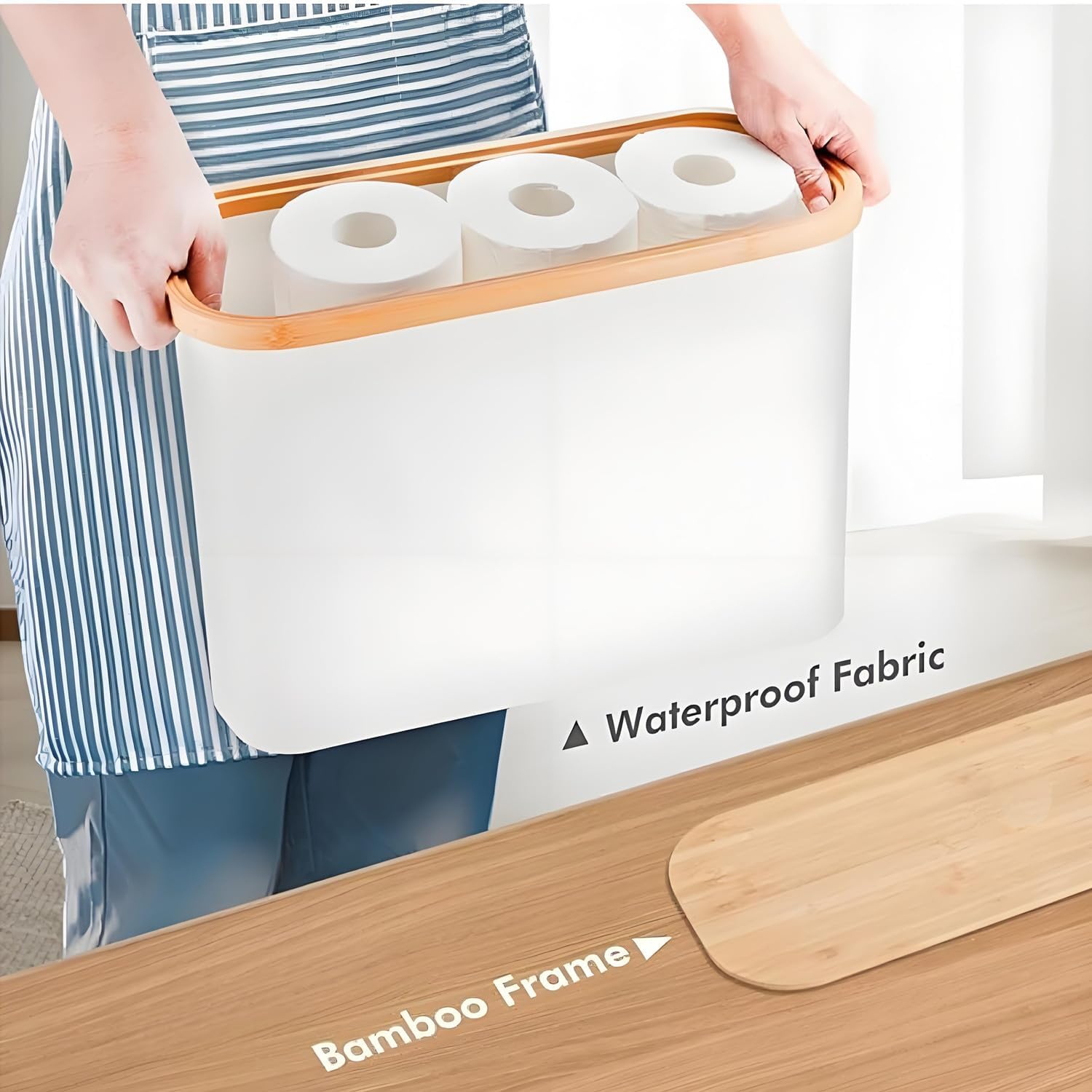 Toilet Paper Storage Cabinet with Bamboo Lid, Holds Up to 12 Rolls, Waterproof Lightweight Toilet Roll Organizer with 3-Minute Assembly, Spacious Bathroom Storage Bin for Toiletries (White)