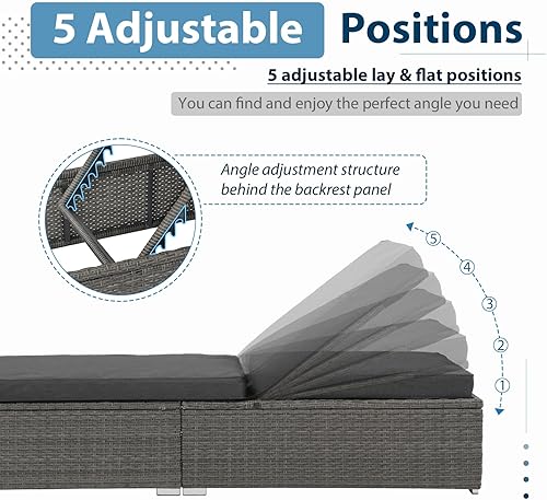 Miniatura 3 de JOIVI Tumbona para exteriores, tumbonas para patio, piscina, tumbona reclinable de ratán con respaldo ajustable y cojín gris oscuro extraíble,