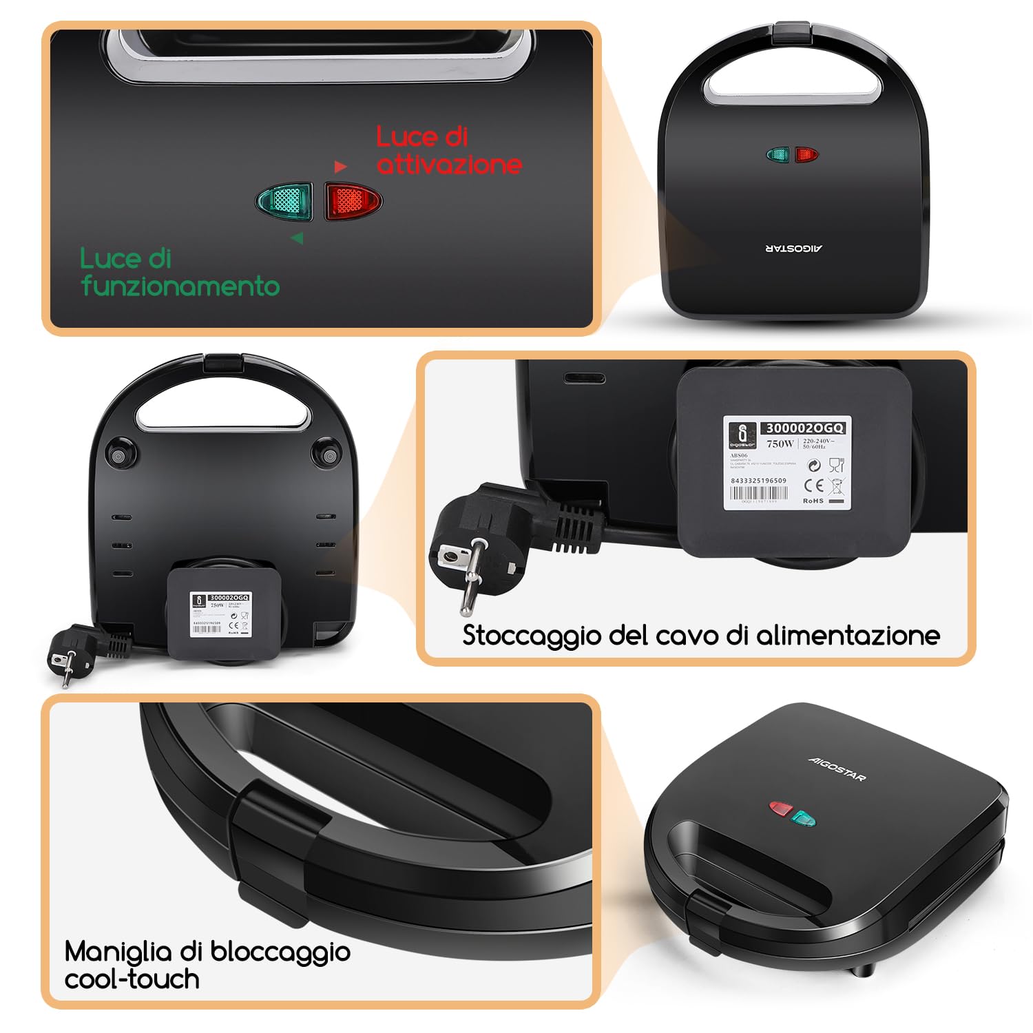 Aigostar Rubik - 750W Sandwich Maker/Grill/Waffle 3 in 1. Dimensioni Compatte con Sistema Automatico Termostatico, Piastre Antiaderenti e Rimovibili, lavabile in lavastoviglie, Design esclusivo