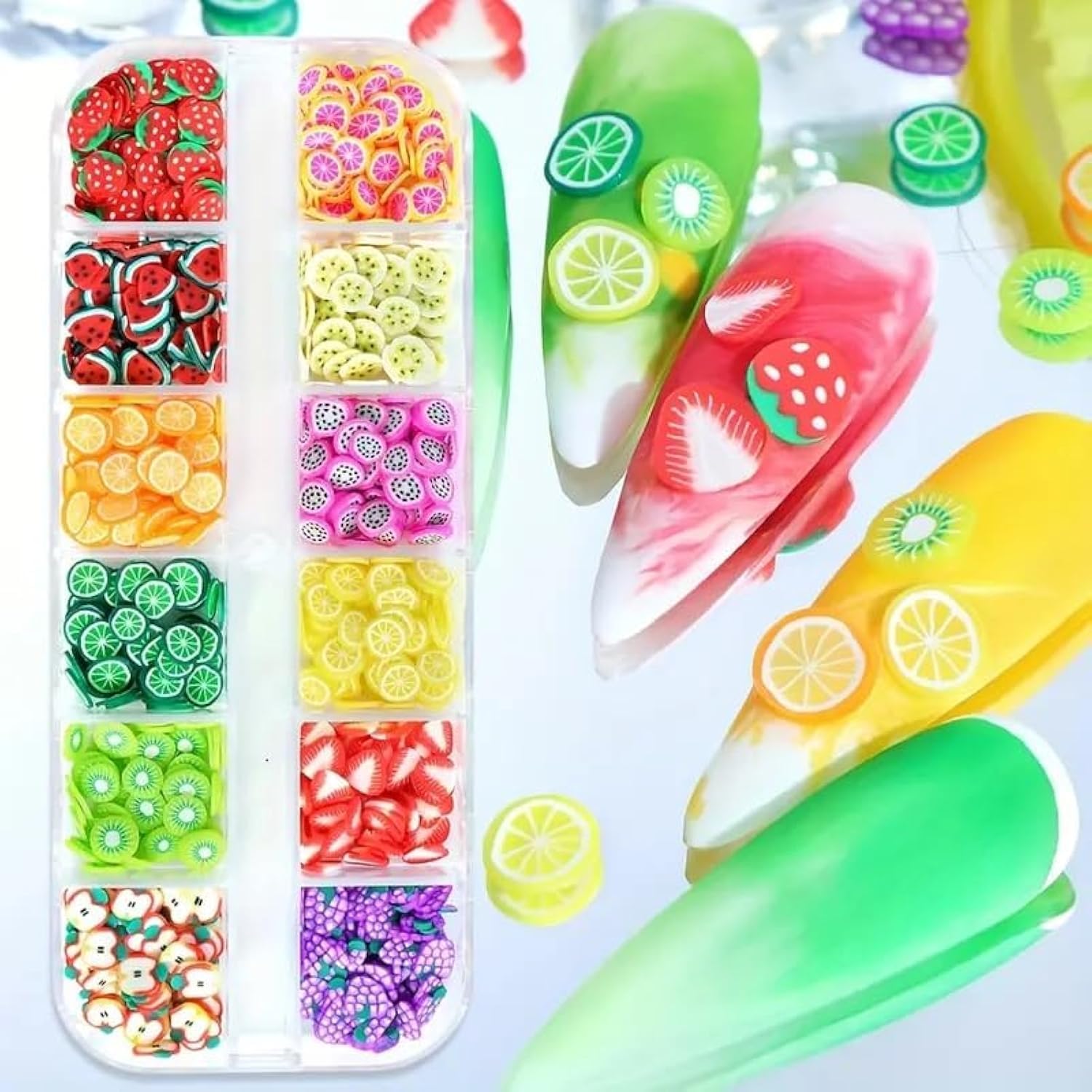 Royalkart Colorful Fruit Nail Art Slices, 3D Fimo Slime Supplies for DIY Crafts, Apple Kiwi Banana Lemon Strawberry Watermelon Decorations for Nail Art and Cellphone 12 Designs-image-46