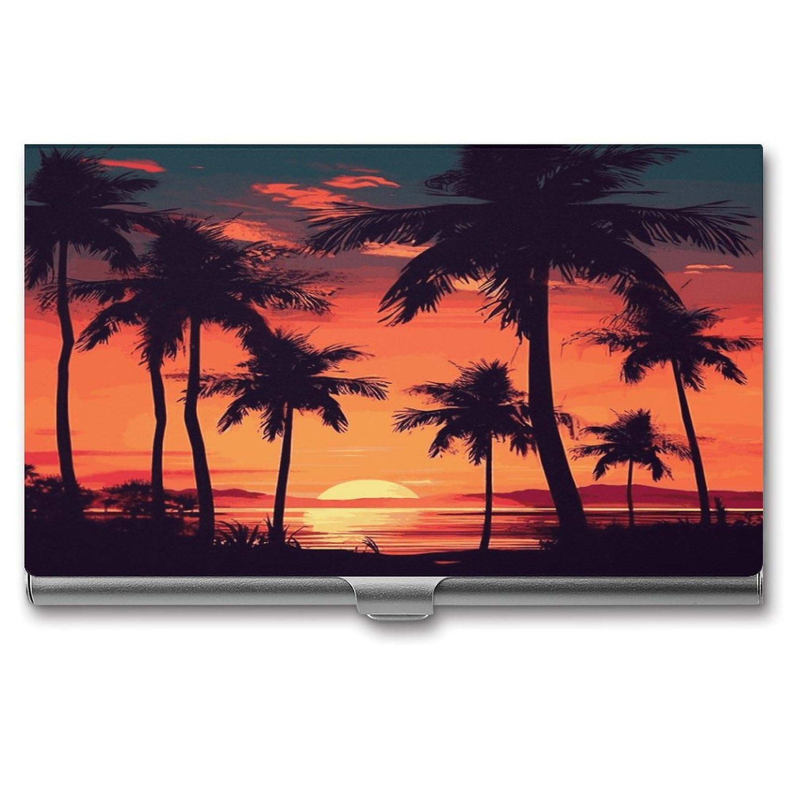 LDGSUPH Palm Tree Summer Sunset Business Card Holder Fashion Slim Name Card Holder Minimalist Design Case Metal Card Carrier Personalized Business Card Case with Flip for Men Women