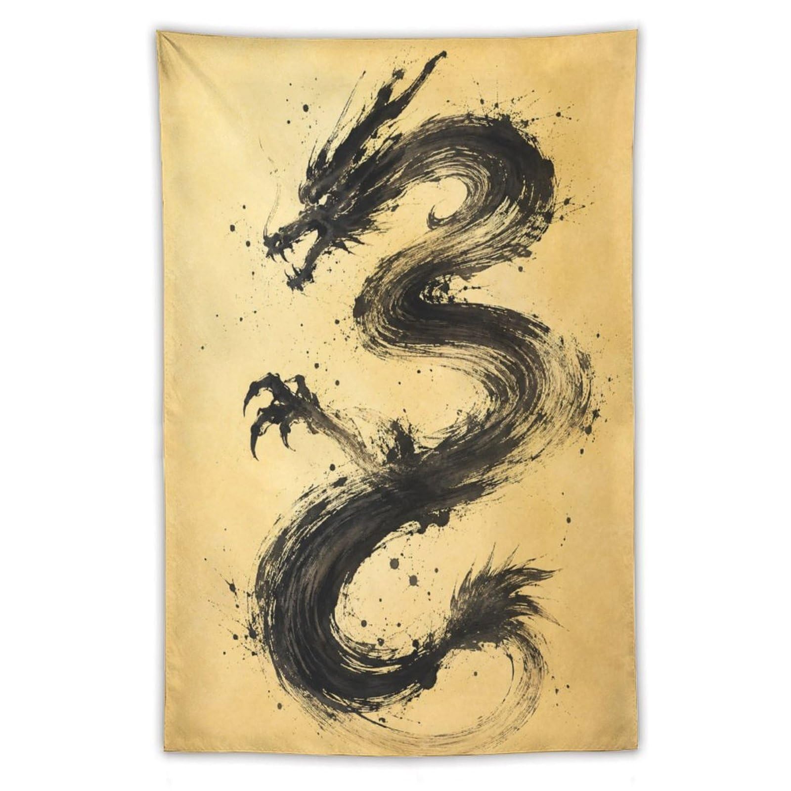 H3B8U2Y5 Black Dragon Brushstroke Wall Tapestry, Asian Ink, Entryway
