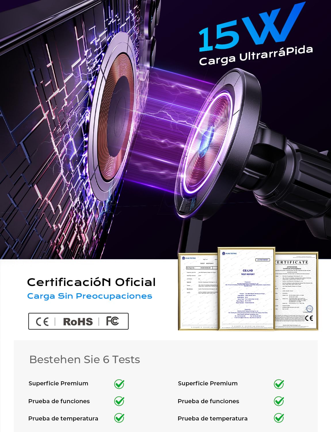 LISEN 15W Cargador Magsafe Coche Inalámbrico, [20X Imans Fuerte] Soporte Móvil Coche Magsafe para Ventilación & Salpicadero, Magsafe Accesorios Coche para iPhone 16e 16 Pro MAX 15 14 13 12