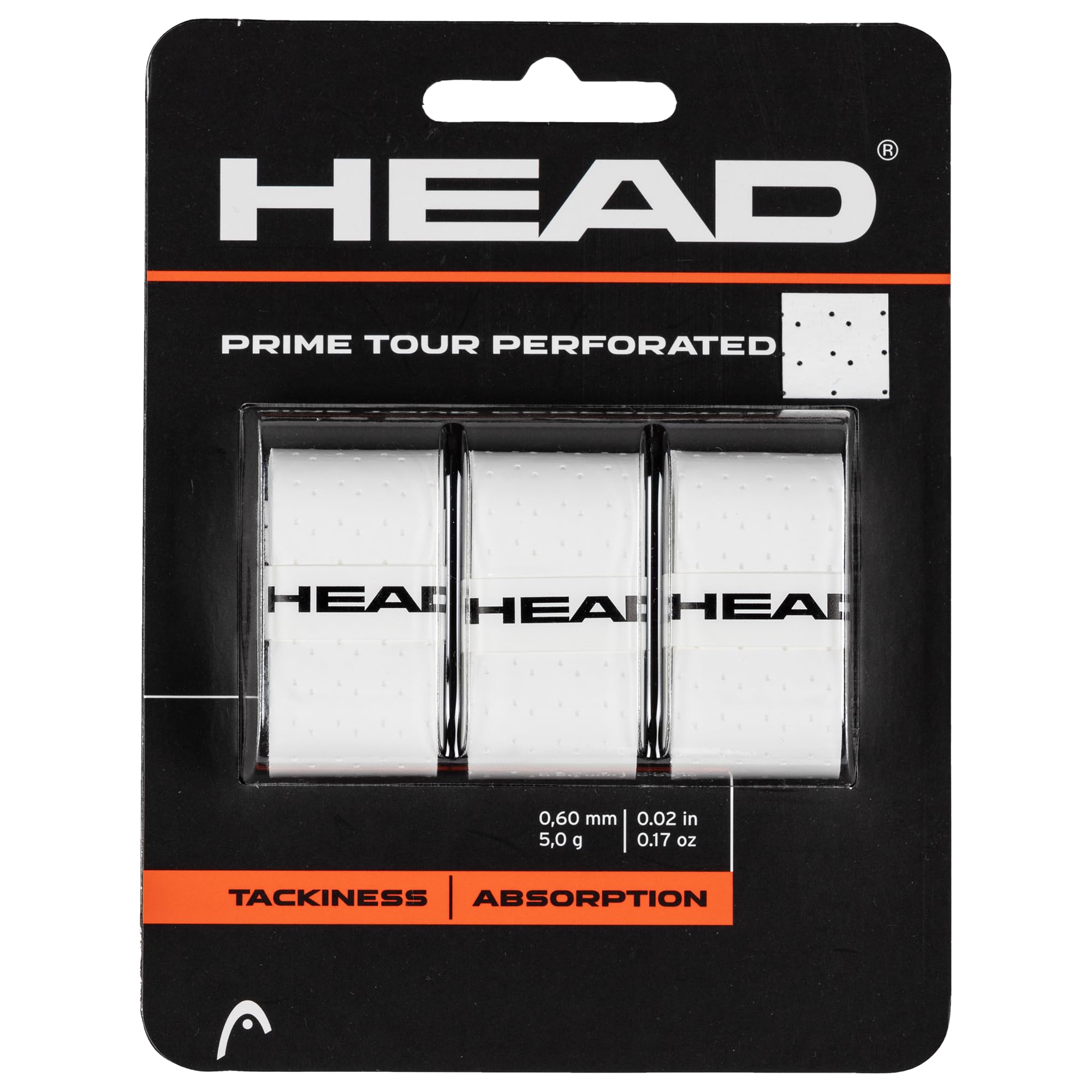 Head Prime Tour Perforated Racquet Overgrip, White, 50-Pack